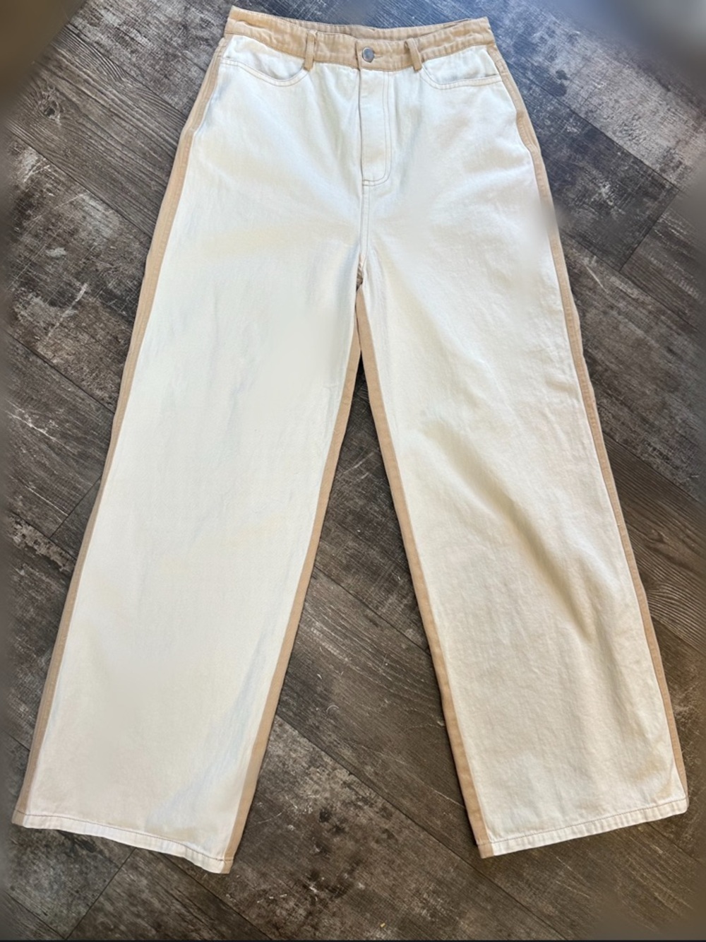 Le Lis Urban Cream and Tan Color Block Wide Leg Pants 100% Cotton Size Medium